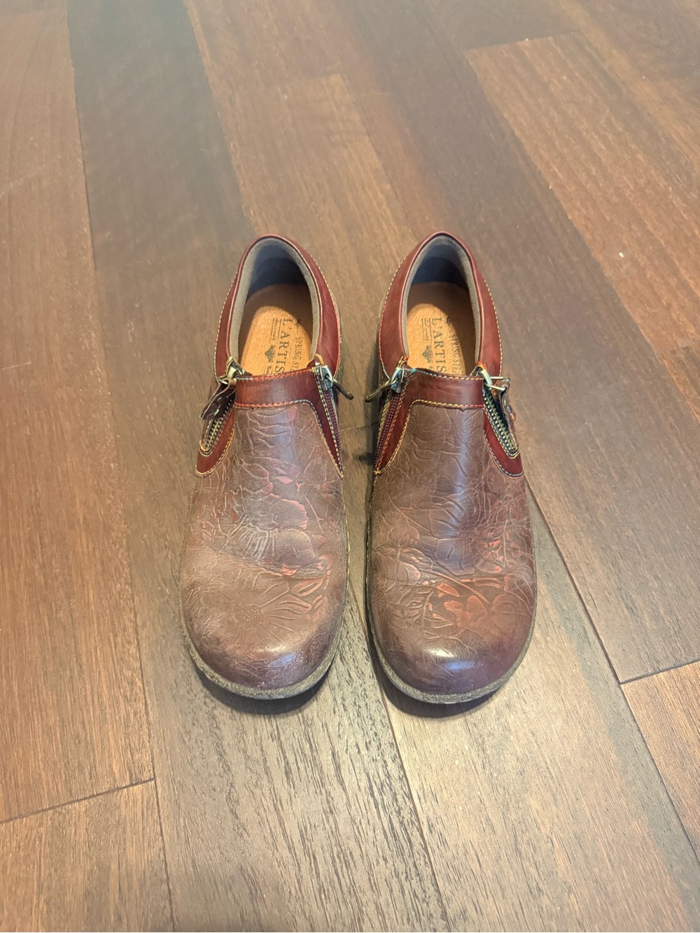 Spring Step Brown Embossed Leather Slip-On Ankle Booties with Burgundy Trim